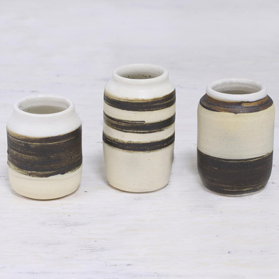 Ceramic decorative jars, 'Complementary Stripes' (set of 3) - Three Handcrafted Painted Ceramic Jars from India