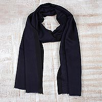 Wool and silk blend scarf, 'Classic Midnight' - Wool Blend Woven Scarf in Midnight from India