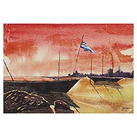 „Deserted Boat Yard“ – Originales impressionistisches Gemälde einer Bootswerft aus Indien