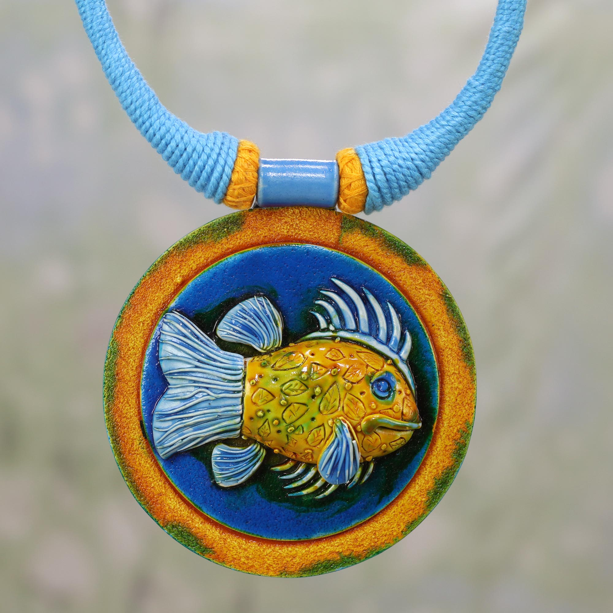Ceramic and Cotton Fish Pendant Necklace in Blue from India - Blue Angler
