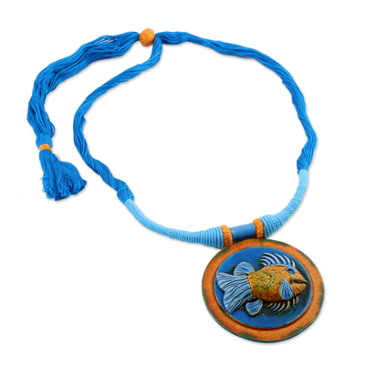 Ceramic pendant necklace, 'Blue Angler' - Ceramic and Cotton Fish Pendant Necklace in Blue from India