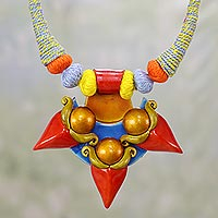 Ceramic pendant necklace, 'Shiva's Trident' - Colorful Ceramic and Cotton Pendant Necklace form India