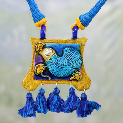 Ceramic pendant necklace, Majestic Kingfisher