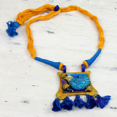 Ceramic pendant necklace, 'Majestic Kingfisher' - Ceramic and Cotton Bird Pendant Necklace in Blue from India