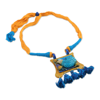 Ceramic pendant necklace, 'Majestic Kingfisher' - Ceramic and Cotton Bird Pendant Necklace in Blue from India