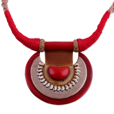 Ceramic pendant necklace, 'Ancient Glow' - Ceramic and Cotton Pendant Necklace in Red from India