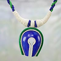 Collar colgante de cerámica, 'Locked Away' - Collar colgante de cerámica y algodón hecho a mano de la India