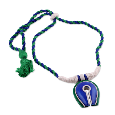 Ceramic pendant necklace, 'Locked Away' - Handcrafted Ceramic and Cotton Pendant Necklace from India
