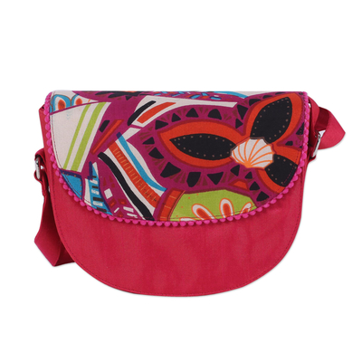 Cotton blend shoulder bag, 'Geometric Flower' - Pink Shoulder or Sling Bag with Geometric Floral Print