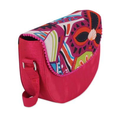 Cotton blend shoulder bag, 'Geometric Flower' - Pink Shoulder or Sling Bag with Geometric Floral Print