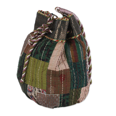 Cotton shoulder bag, 'Patchwork Delight' - Cotton Patchwork Drawstring Shoulder Bag from India