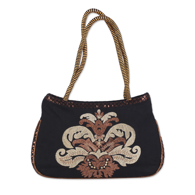 Black Shoulder Bag with Embroidered Zari Motif from India
