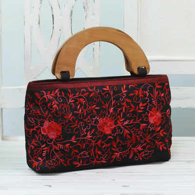 Bestickte Handtasche, 'Rose Elegance' - Handtasche mit besticktem Blumengriff aus Indien
