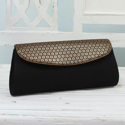 Black Clutch Handbag with Floral Pattern from India - Midnight