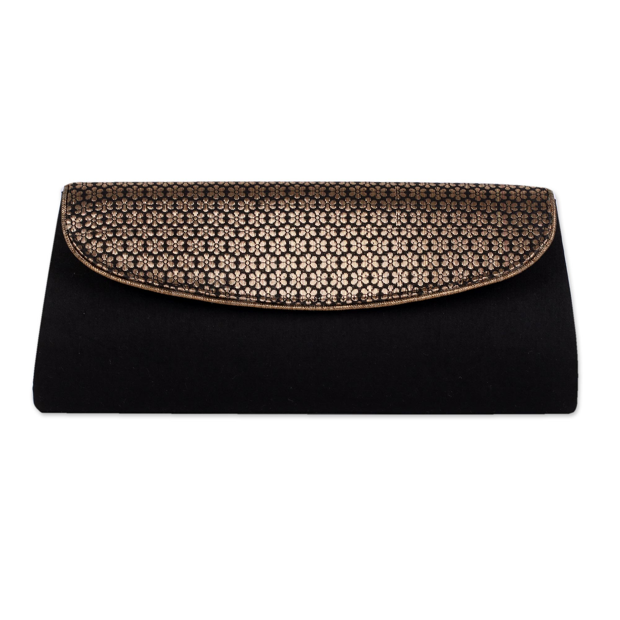 Black Clutch Handbag with Floral Pattern from India - Midnight