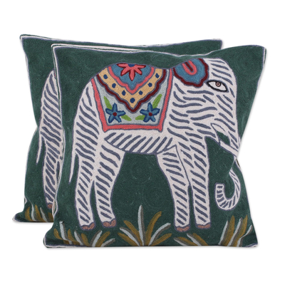 Kissenbezüge aus Baumwolle, (Paar) - Paar bestickte grüne und weiße Elefanten-Kissenbezüge
