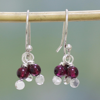 Garnet dangle earrings, 'Orb Clusters' - Garnet and Sterling Silver Dangle Earrings from India