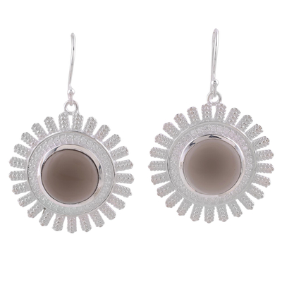 Smoky quartz dangle earrings, 'Sparkling Suns' - Smoky Quartz and Sterling Silver Dangle Earrings from India