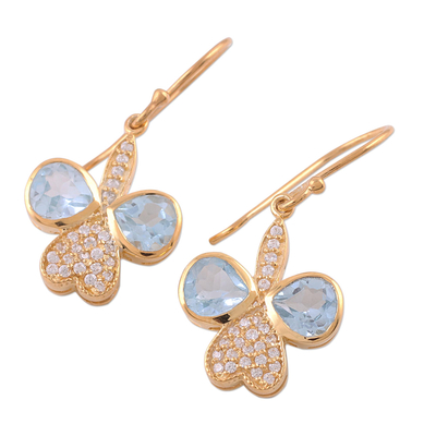 Gold plated blue topaz dangle earrings, 'Butterfly Glitter' - Gold Plated Blue Topaz Butterfly Dangle Earrings from India