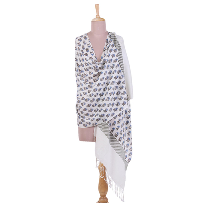 Wool shawl, 'Cerulean Blossoms' - Fringed Wool Shawl with Printed Floral Motifs from India