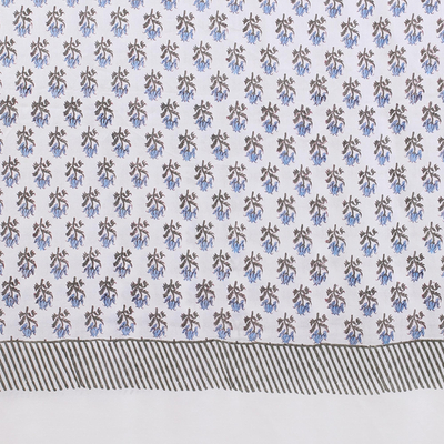 Wool shawl, 'Cerulean Blossoms' - Fringed Wool Shawl with Printed Floral Motifs from India