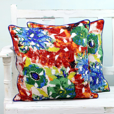 Cotton cushion covers, 'Floral Alliance' (pair) - Handmade Pair of Floral Cotton Cushion Covers from India