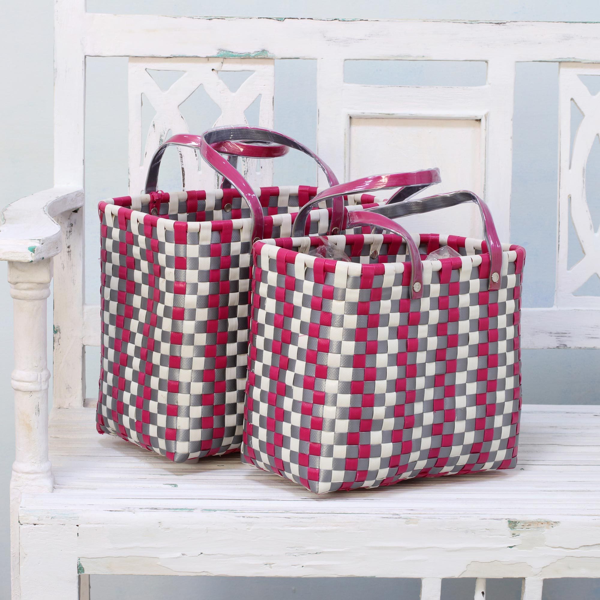 Two Handwoven Recycled Plastic Baskets from India EcoFriendly Picnic