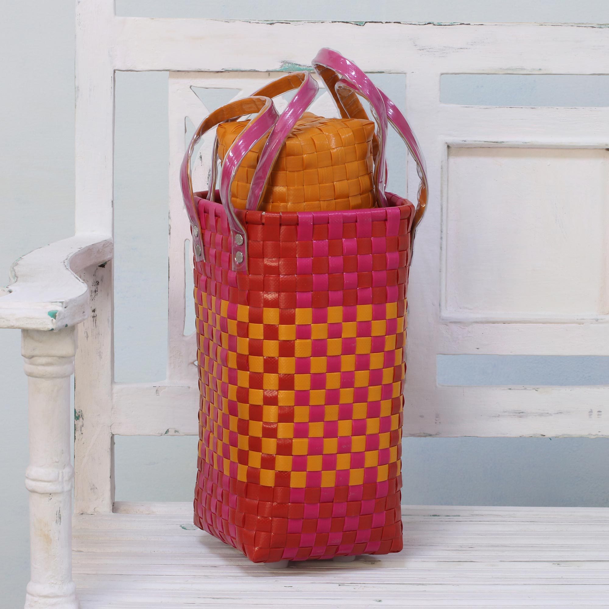 Two Handwoven Recycled Plastic Bottle Holders in from India Sunshine