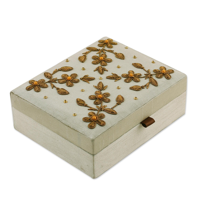 Beaded jewelry box, 'Floral Greatness' - Beaded Jewelry Box in Bone with Floral Motifs from India