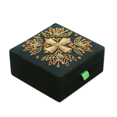 Beaded jewelry box, 'Forest Glamour' - Floral Beaded Jewelry Box in Forest Green from India