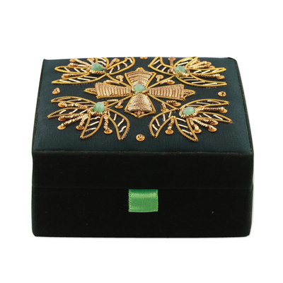 Beaded jewelry box, 'Forest Glamour' - Floral Beaded Jewelry Box in Forest Green from India