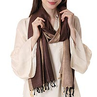 Silk shawl, 'Chestnut Glory' - Handwoven Silk Shawl in Chestnut and Straw from India