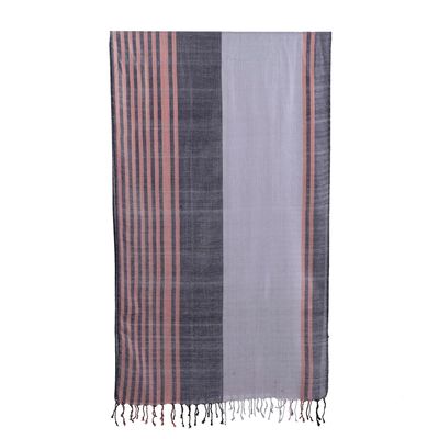 Silk shawl, 'Opulent Stripes' - Silk Shawl in Black Smoke and Burnt Orange from India