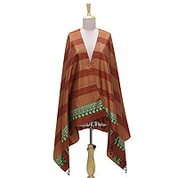 Silk shawl, 'Earthen Stripes' - Jacquard Striped Silk Shawl in Russet and Spice from India