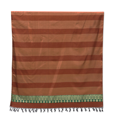 Silk shawl, 'Earthen Stripes' - Jacquard Striped Silk Shawl in Russet and Spice from India