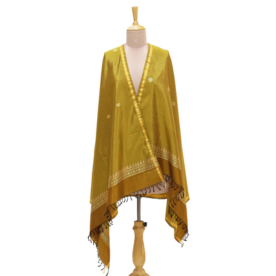 Silk shawl, 'Classic Style in Amber' - Jacquard Woven Silk Shawl in Amber from India