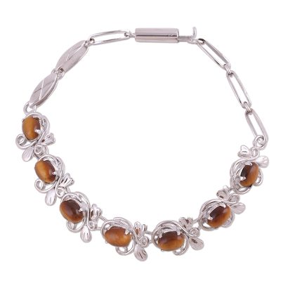 Tiger's eye tennis bracelet, 'Honey Buds' - Artisan Crafted 925 Silver Tennis Bracelet with Tiger's Eye
