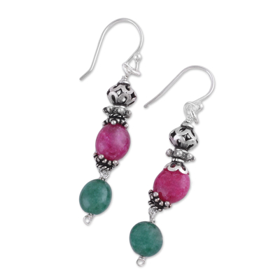 Quartz and aventurine dangle earrings, 'Crowned Harmony' - Green and Pink Quartz and Aventurine Dangle Earrings