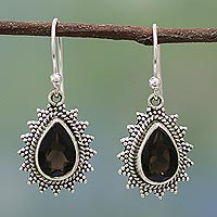 Smoky quartz dangle earrings, 'Smoky Drop'