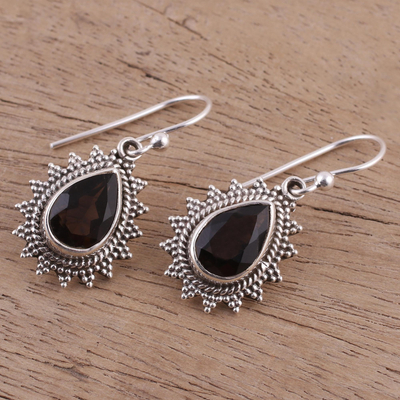 Smoky quartz dangle earrings, 'Smoky Drop' - Handmade Smoky Quartz and Silver Earrings from India
