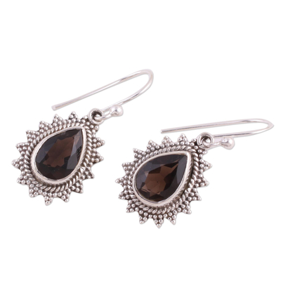 Smoky quartz dangle earrings, 'Smoky Drop' - Handmade Smoky Quartz and Silver Earrings from India