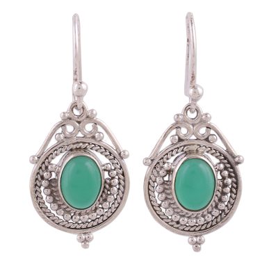 Green onyx dangle earrings, 'Jungle Queen' - Handmade Sterling Silver and Green Onyx Earrings from India