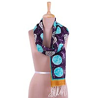 Hand painted silk scarf, 'Circle Dance in Boysenberry' - Silk Scarf in Turquoise and Boysenberry from India
