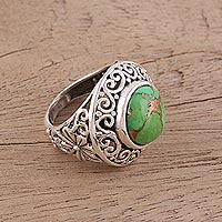 Sterling silver cocktail ring, 'Verdant Electricity' - Handcrafted Silver Jali Ring with Green Composite Turquoise