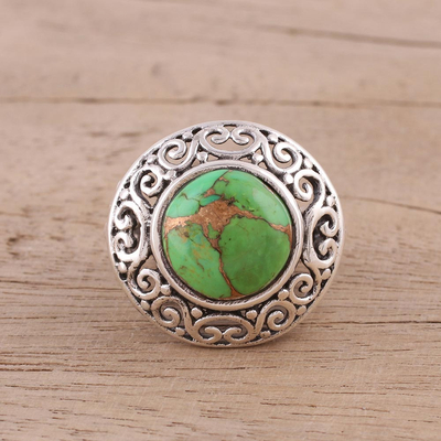 Sterling silver cocktail ring, 'Verdant Electricity' - Handcrafted Silver Jali Ring with Green Composite Turquoise
