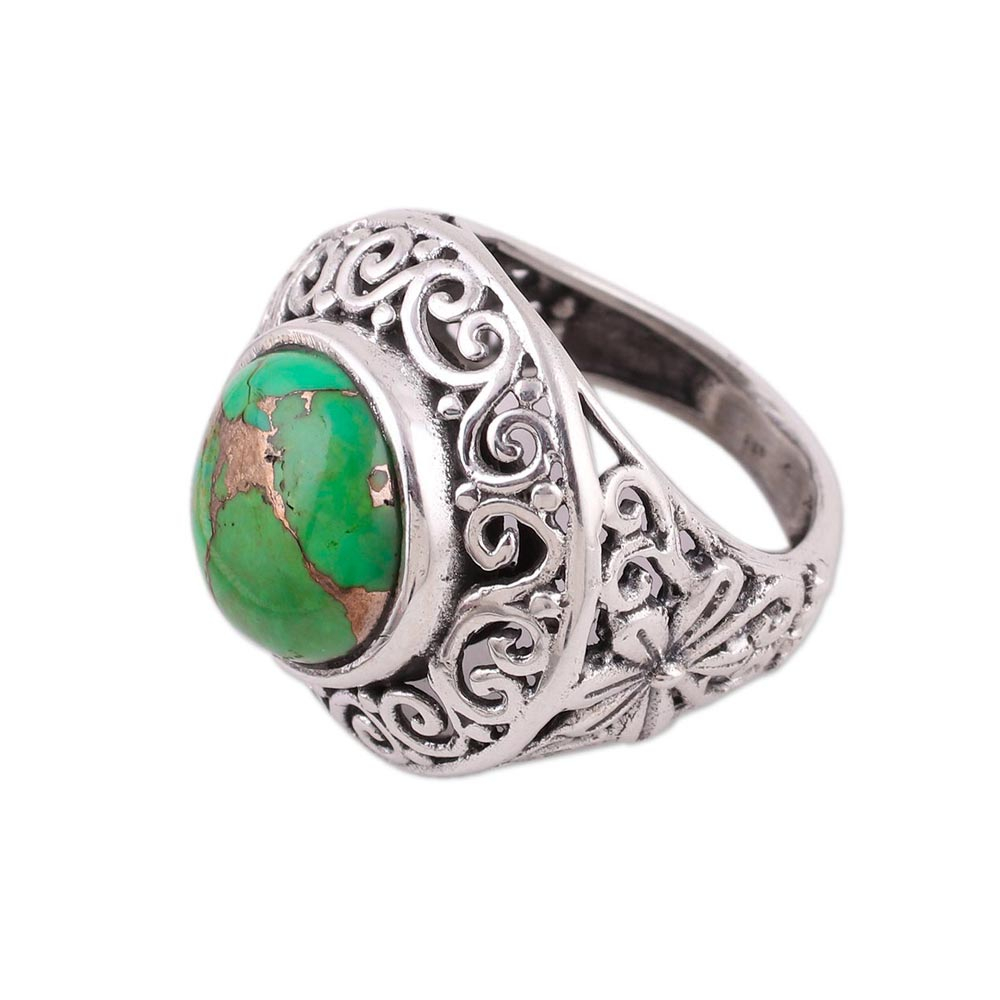 Handcrafted Silver Jali Ring with Green Composite Turquoise - Verdant ...