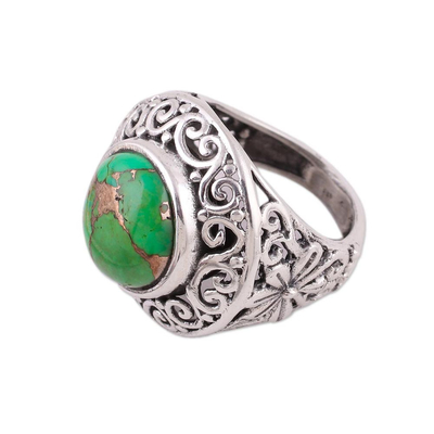 Cocktailring aus Sterlingsilber - Handgefertigter silberner Jali-Ring mit grünem Komposit-Türkis
