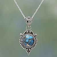 Sterling silver pendant necklace, 'Dotted Elegance' - Sterling Silver and Composite Turquoise Necklace from India