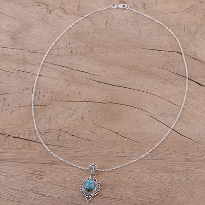 Sterling silver pendant necklace, 'Dotted Elegance' - Sterling Silver and Composite Turquoise Necklace from India