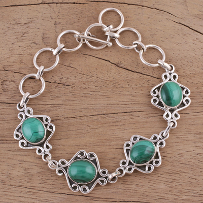 Malachite link bracelet, 'Lush Connection' - Malachite Swirling Link Bracelet Crafted in India